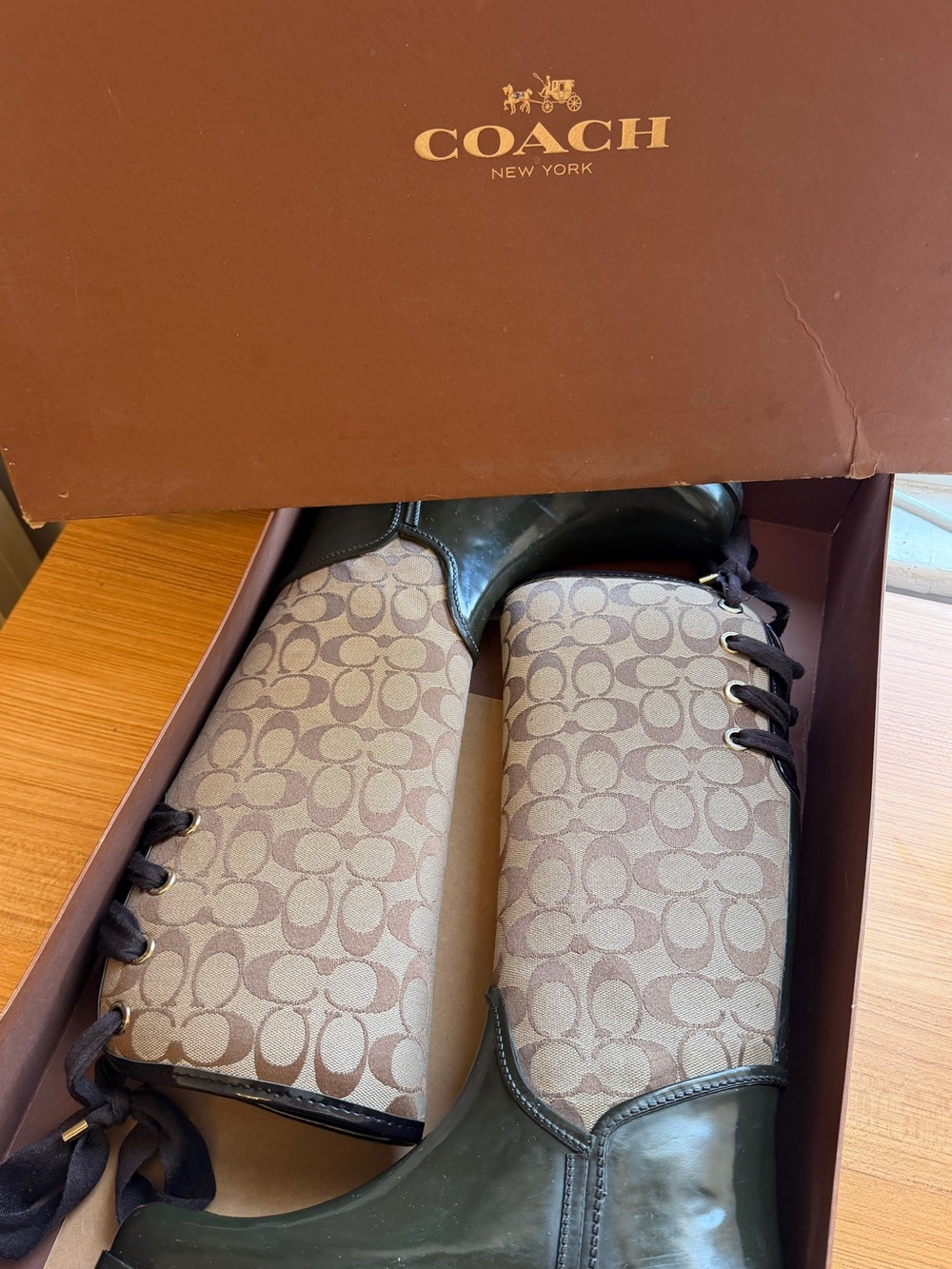 Coach Tristee rain boot Chestnut & Khaki Signature Lace-Up Rain Boots